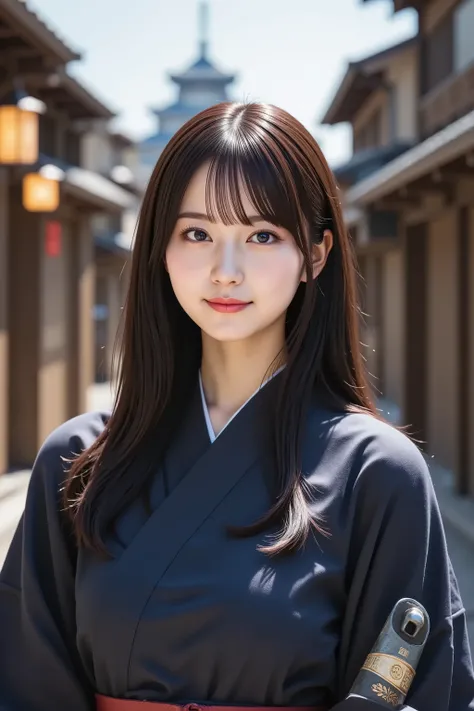 Big breast, Ultra-detailed 8K digital illustration of a beautiful young Asian woman dressed in traditional ninja attire, rendered with breathtaking precision. The image is a waist-up shot capturing her stealthy yet poised demeanor, with long, silky black h...