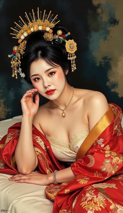 the proportions and detailed textures multicolored brushwork and softened with airbrush, a semi-realistic ink china illustration A young traditional geisha is shown lying on her right side on a futon (full body pose and in high quality) wearing traditional...