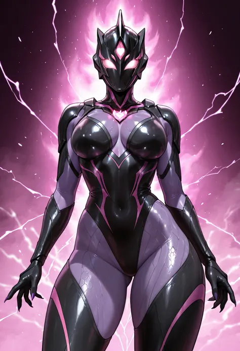 Ultraman Style Girl. Covered in black and purple skin. Black metallic full mask. Villain eyeshadow. Pink lines. Glowing crystals on chest. Sharp claws. Firm breasts. Curved waist. Thighs. Inorganic face. Armor-like skin. Honeycomb-patterned skin. Humanoid ...