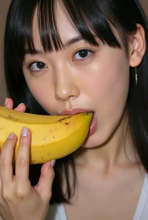 Woman shoving a big banana in her mouth, exquisite face , beautiful eyes, All over my face、 Photorealistic, high image quality, 8k, super detailed, Villa with a thin woman smiling , Dramatic light and dark , dramatic shadow , Wide color...