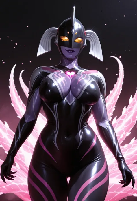 Ultraman Style Girl. Covered in black and purple skin. Black metallic full mask. Villain eyeshadow. Pink lines. Glowing crystals on chest. Sharp claws. Firm breasts. Curved waist. Thighs. Inorganic face. Armor-like skin. Honeycomb-patterned skin. Humanoid ...
