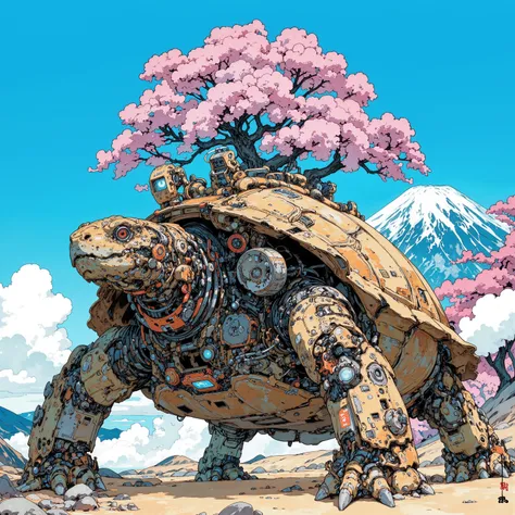 create a very old picture of a giant cyberpunk turtle, Cherry tree in full bloom on the turtle's back, This is an ultra-detailed painting inspired by Utagawa Kuniyoshi, ukiyo-e, Niche art aesthetic, Masamune Shirow Style ,An Old Turtle with a cherry bl...