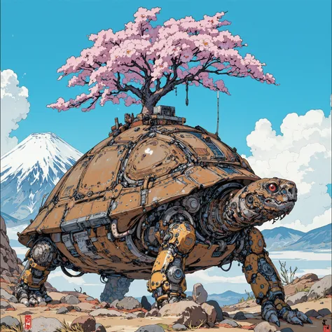 create a very old picture of a giant cyberpunk turtle, Cherry tree in full bloom on the turtle's back, This is an ultra-detailed painting inspired by Utagawa Kuniyoshi, ukiyo-e, Niche art aesthetic, Masamune Shirow Style ,An Old Turtle with a cherry bl...