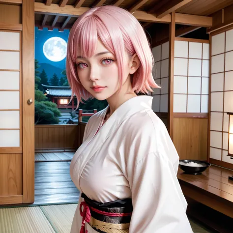 score_9, Tamamura Tamao, voluptuous body, pink hair, pink eyes, short hair, white kimono, inside a traditional Japanese house, night, realistic, high quality, detailed