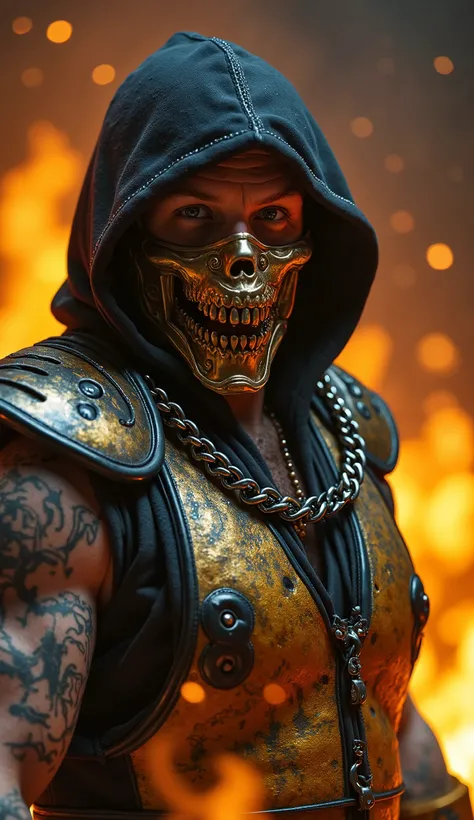 Tom Hardy takes on the role of the vengeful and ruthless Scorpion in a brutal reinterpretation of the iconic ninja specter of *Mortal Kombat*. Wearing battle armor in shades of black and gold , adorned with war scars and ash marks , he exudes a dark an...