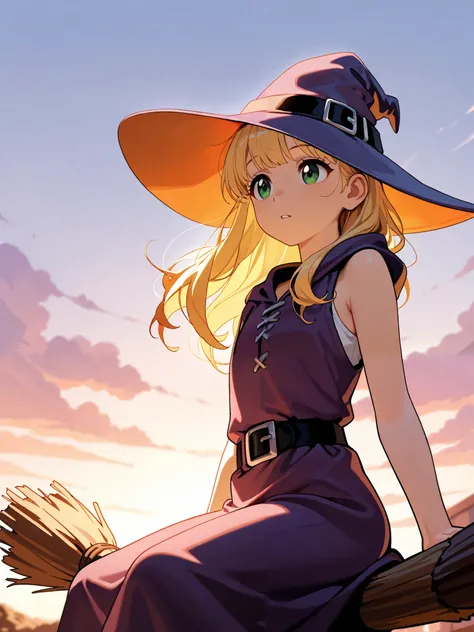 (masterpiece), top quality, completely complete, solo, small, Light color,
long hair, wave hair, short bang, Blonde Hair, green eyes, Flat chest,(witch:1.5),(purple mage robe:1.2), small pointy hat, The inner is a white sleeveless shirt,
(The witch is stra...