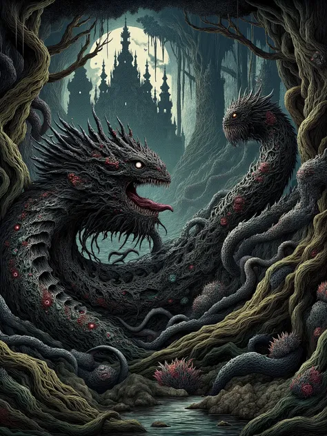 A tangle of humanoid torsos braided together with black floral bone, each face whispering conflicting truths. A terrifying biomass that wriggles and shakes its way through a medieval city street.