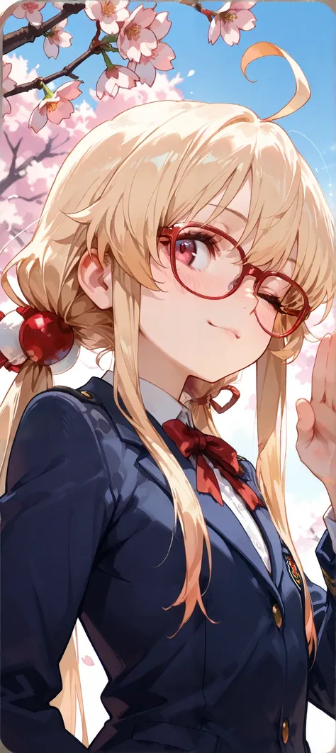 {{extreme face closeup}}, 1 girl, schoolgirl, uniform, navy blue blazer, blonde, fair skin, waist-length pigtails, ahoge, small chest, red glasses, {saluting}, winking, head tilted slightly, turning around, masterpiece, top quality, high resolution, anatom...