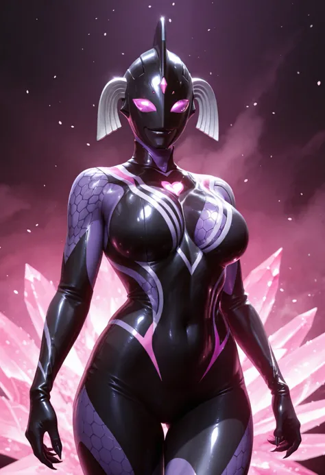 Ultraman Style Girl. Covered in black and purple skin. Black metallic full mask. Villain eyeshadow. Pink lines. Glowing crystals on chest. Sharp claws. Firm breasts. Curved waist. Thighs. Inorganic face. Armor-like skin. Honeycomb-patterned skin. Humanoid ...