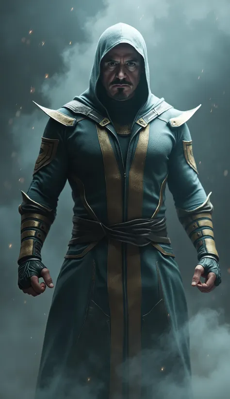 robert downey jr. like Smoke brings an elegant and complex reinterpretation of the character of * mortal kombat*. Wearing a dark gray ninja outfit, almost metallic, he exudes a mysterious and unpredictable presence, with his smoke and shadow inspired look....