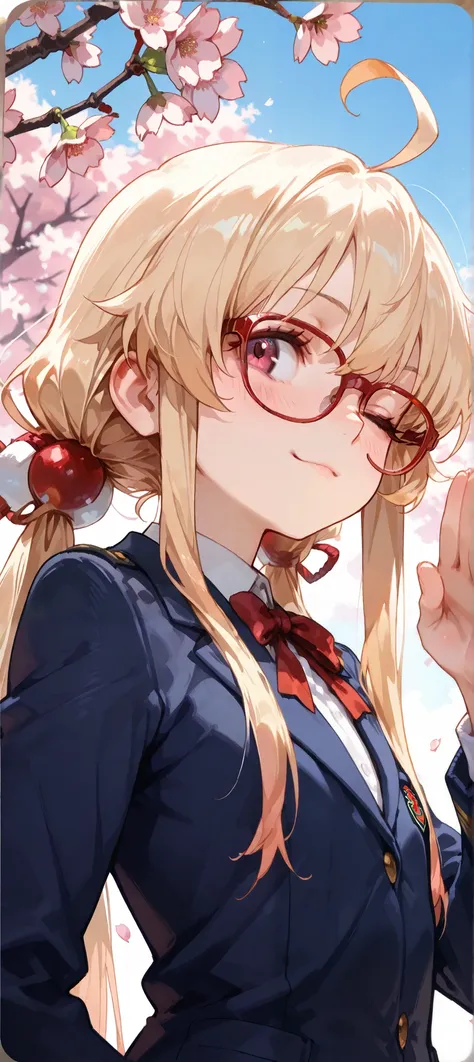 {{extreme face closeup}}, 1 girl, schoolgirl, uniform, navy blue blazer, blonde, fair skin, waist-length pigtails, ahoge, small chest, red glasses, {saluting}, winking, head tilted slightly, turning around, masterpiece, top quality, high resolution, anatom...