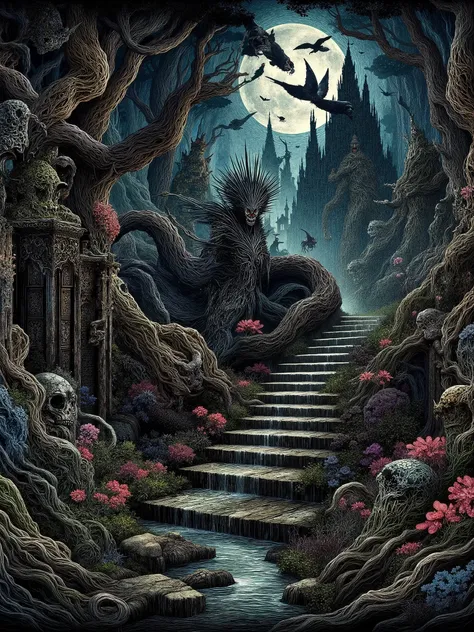 A tangle of humanoid torsos braided together with black floral bone, each face whispering conflicting truths. A terrifying biomass that wriggles and shakes its way through a medieval city street.