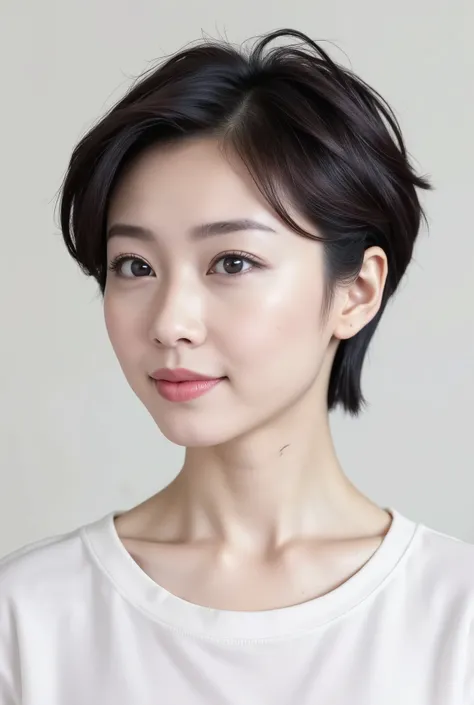 Smartphone photo of a cute 30-year-old Japanese woman. She has white-beige hair color and a short mini bob hairstyle. Natural look, front facing medium shot, photographed with a pale pink wall in the background. Highlights hair texture and smooth skin, hig...