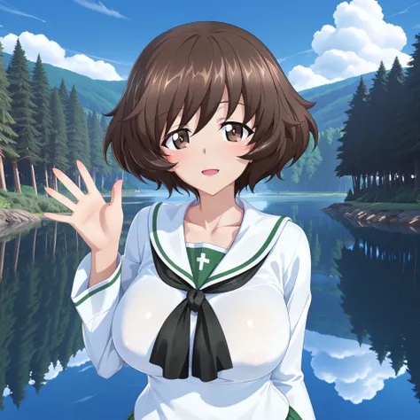SFW, 8k, 3d , Masterpiece, very aesthetic, elegant mature woman, Akiyama Yukari (girl und panzer), oarai school uniform (white), beautiful blue sky background, at forest, lake, clouds, looking at viewer, waving hands gesture, sexy fingers, 