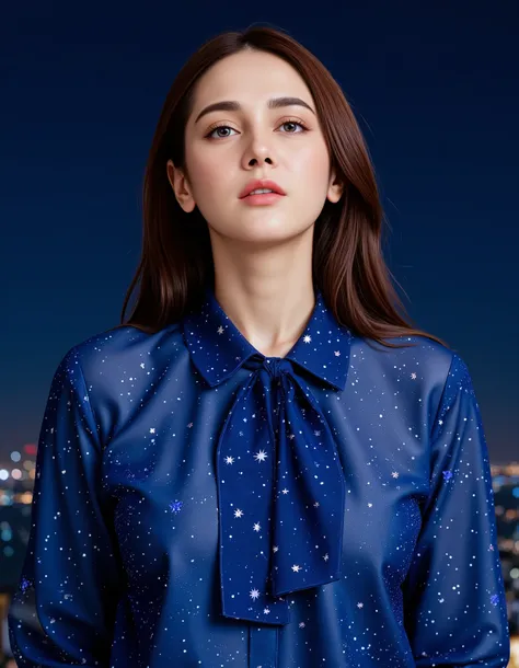 (8K, RAW Photos, Highest quality、masterpiece:1.2), (Realistic、Realistic:1.37), Very detailed, High resolution, Conceptual art, digital, a glowing neon-colored circle, The head of a woman wearing a blue draped blouse with her hair up is standing in the back...