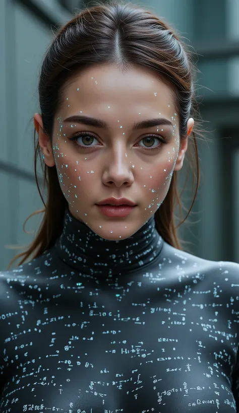 (8K, RAW Photos, Highest quality、masterpiece:1.2), (Realistic、Realistic:1.37), Very detailed, High resolution, Holographic art | Portrait of beautyfull wooman in a dark gray latex no ziper wetsuit formed by blue glowing mathematical formulae | Radiant, han...