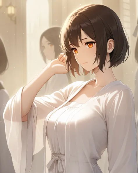 Masterpiece, high resolution, the best quality, newer, safe. beautiful, anime, Japanese girl. Delicate Traits. dark brown hair and short hair. orange eyes , fair skin, Medium breasts, slim body. He is 20 years old, She measures 1'59 cm , wearing a tradi...