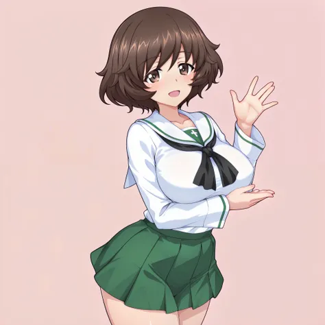 SFW, 8k, 3d , Masterpiece, very aesthetic, elegant mature woman, Akiyama Yukari (girl und panzer), oarai school uniform (white), concreate static backgrounds, looking at viewer, waving hands gesture, sexy fingers, 