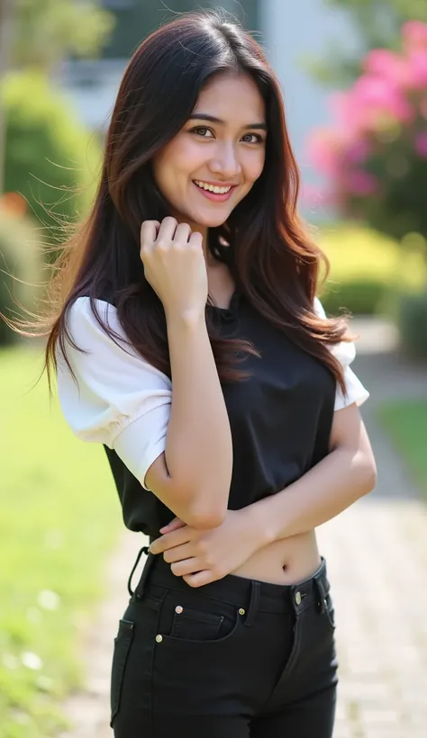 RAW, best quality, High resolution, masterpiece: 1.3), beautiful Indonesian woman, masterpiece, perfect slim body, ((big )), Beautiful big eyes, soft smile , (wearing black white blouse and black skinny jeans), smiling, wind , skin detail , skin textu...