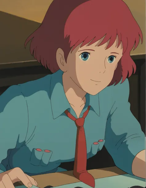 Cute woman sitting at desk, I'm wearing a small tie and name plate. I have blue eyes , Minimalist design with soft lighting {x} looking at the computer screen with interest. The modern office is clean, small tie and ID badge. Her hair is well-groomed, its ...