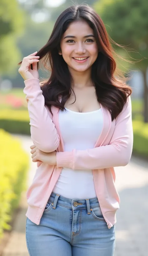 RAW, best quality, High resolution, masterpiece: 1.3), beautiful Indonesian woman, masterpiece, perfect slim body, ((big )), Beautiful big eyes, soft smile , (wearing light pink cardigan, white shirt and light blue skinny jeans), smiling, wind , skin ...