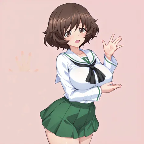 SFW, 8k, 3d , Masterpiece, very aesthetic, elegant mature woman, Akiyama Yukari (girl und panzer), oarai school uniform (white), concreate static backgrounds, looking at viewer, waving hands gesture, sexy fingers, 