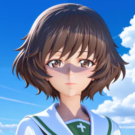 SFW, 8k, colorful, 3d , realistic, 3d render, realistic shadow, Masterpiece, very aesthetic, elegant mature woman, Akiyama Yukari (girl und panzer), oarai school uniform (white), blue sky and anime clouds backgrounds, looking at viewer, , 