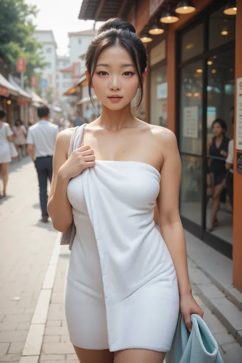 sfw:2,Asian woman in public, wearing towel