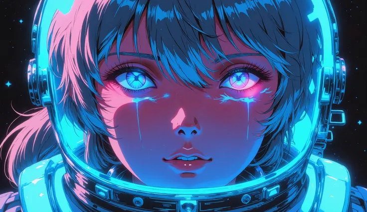 Close-up of an improved masterpiece:1.5)0.9], ( Space and Astronauts:1.2) (Messy silver hair:1.1) ( heterochromia: xanthochromia and blue eyes:1.2) (Space helmet:1.0) (Colored stars in their eyes:1.0) (A radiant glow:1.1) (thick lips:0.9), neon, rays of li...