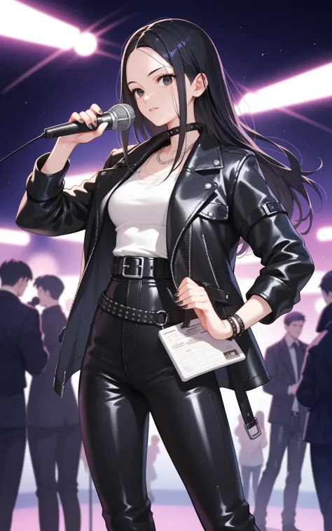 female, black hair, forehead, himecut, long hair, black eyes, Night club, leather jacket, leather pants, leather belt, clubbing, anime, clothing audience, microphone,