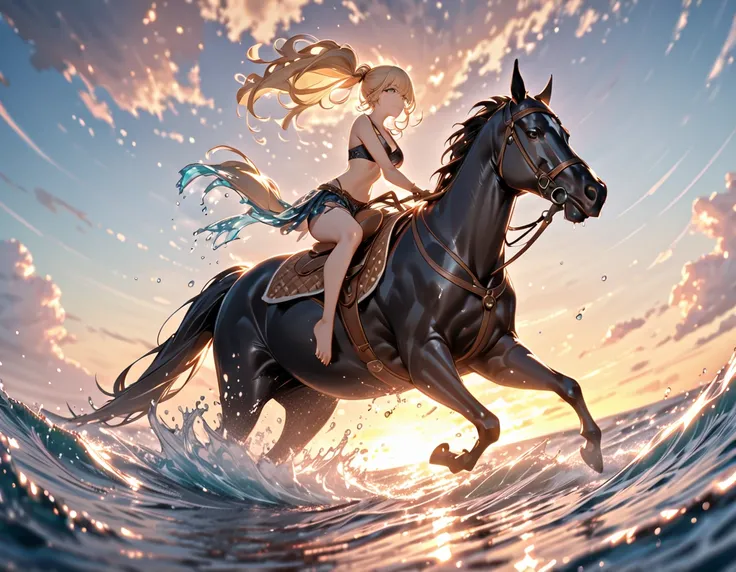 (masterpiece:1.3), (8K, best quality:1.3), Highest image quality, intricate details, high resolution, depth field, Natural light, professional lighting, anime, BREAK, kisyu, riding, horse, drowm0d, ((((yamanaka ino, blonde hair, blue eyes, hair over one ey...