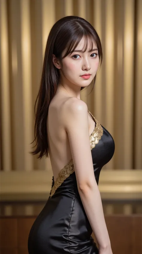 Beautiful Asian woman, black and gold silk dress, gold gilded background Looking at viewer, Masterpiece, High Resolution, Anatomically Correct, Best Quality, Textured Skin, Long Hair, Single Sidelock, Large breasts, Makeup, Blush Stickers, Light Smile, Min...