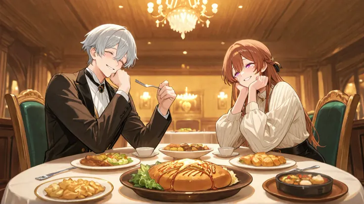 A grand dining hall with a luxurious dinner setting. The parents and brother are engaged in conversation with the newly arrived girl, smiling warmly. The protagonist sits at the far end of the table, gripping her fork tightly, her eyes glistening with unsh...