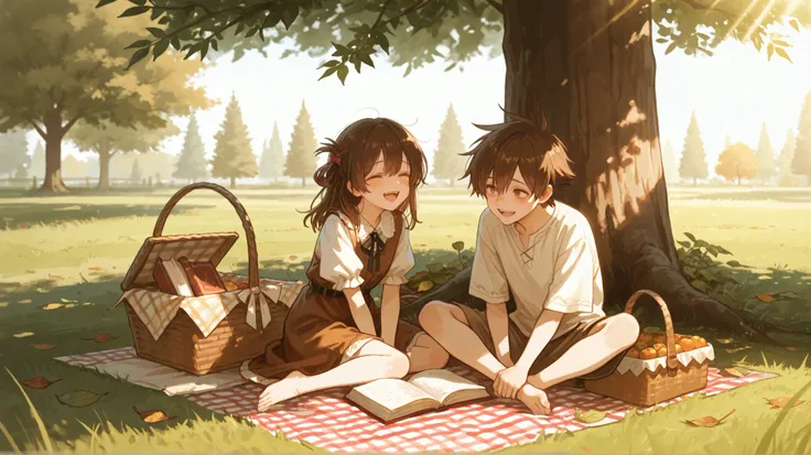 A sunny afternoon in a beautiful garden. The protagonist, a young girl with wavy chestnut-brown hair and hazel eyes, runs barefoot on the grass, laughing. Her older brother, a tall ager with dark brown hair and sharp yet gentle eyes, playfully ruffles her ...