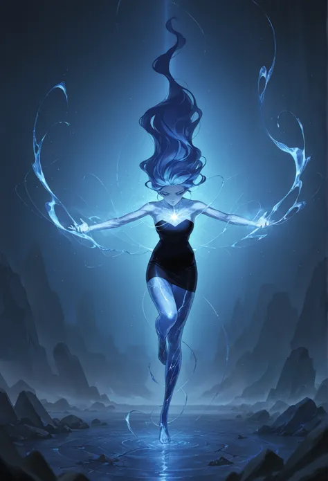 masterpiece, best quality, amazing quality, newest, very aesthetic, 1girl,A woman of living lapis lazuli stands in a dynamic pose, her crystalline form shimmering with deep blues and golden veins. Her body is sculpted like a masterpiece, smooth yet angular...