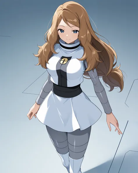 alone, solo, serena, long hair, blue eyes, brown hair, score_9, score_8_up, score_7_up, score_6_up, source_anime, anime, masterpiece, best quality, black and white dress, grey bodysuit, bodysuit under clothes, grey pants, white boots, white thigh boots, te...