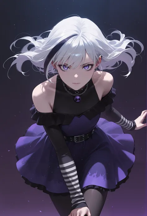 masterpiece, best quality, amazing quality, newest, very aesthetic, 1girl,white hair streaked with purpule,violet eyes,violet off-shoulder-dress,emo make up,dynamic pose,dark purpule background,looking at the viewer,