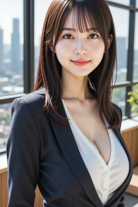 big breast, A medium close-up shot, ultra-realistic digital illustration of a charming young Asian businesswoman with large breasts, depicted from the chest up, ensuring her entire head is fully visible within the frame with ample headroom. Her radiant, po...