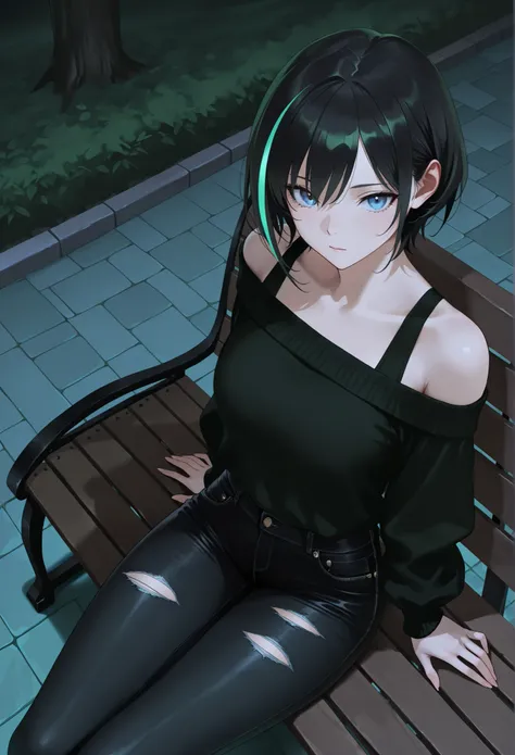 masterpiece, best quality, amazing quality, newest, very aesthetic, 1girl,Black hair streaked with green,blue eyes,black off-shoulder-sweater,black Ripped jeans,sit on a bench,night park background,view from above,looking at the viewer,