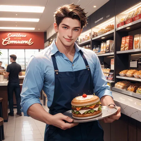 Create a realistic, high-resolution image of a cool and dependable Japanese men in his mid to late 20s, who looks like the admired senior coworker at a part-time job. He wears a clean, casual work uniform—such as for a café, convenience store, or casual re...