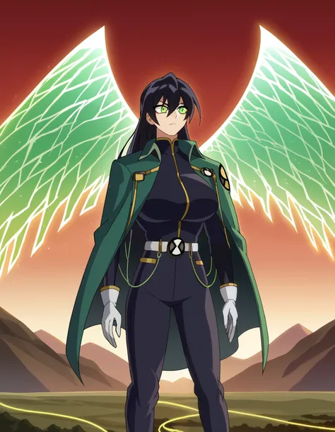 score_9, score_8_arriba, source  _anime,anime screencap,anime coloring,
uncensored,
,a girl, Long Hair,hair between her eyes,hits,black hair, green eyes, cape green cape
uniforme militar,has,Gloves,long sleeves, pants,cable, Black pants, high neck ,alas, w...
