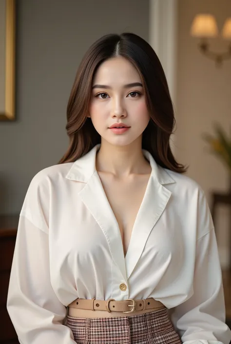 a detailed portrait of a beautiful young Chinese woman, wearing a white open blouse, revealing large perky breasts, and plaid skirt, in a high-quality, realistic, and absurdly detailed 8K resolution image with ray tracing and reflex effects, masterpiece qu...