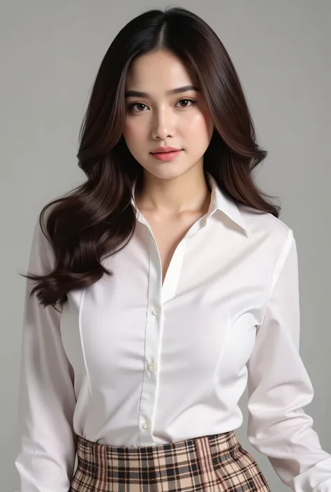 a detailed portrait of a beautiful very young Chinese woman, wearing a white blouse, revealing impossibly massive perky breasts, and plaid skirt, in a high-quality, realistic, and absurdly detailed 8K resolution image with ray tracing and reflex effects, m...