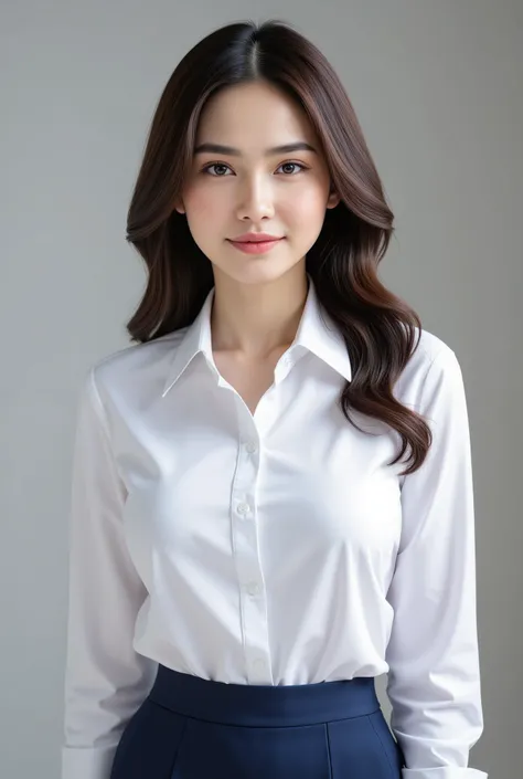 a detailed portrait of a very busty, beautiful very young Chinese woman, wearing a white business shirt covering impossibly massive perky breasts, and navy blue skirt, in a high-quality, realistic, and absurdly detailed 8K resolution image with ray tracing...