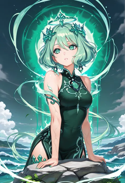 masterpiece, best quality, amazing quality, newest, very aesthetic, 1girl,A figure of Chrysoprase stands with an aura of serene strength, her body shimmering with shades of vibrant green, from soft mint to rich emerald. Her form is smooth and flowing, like...