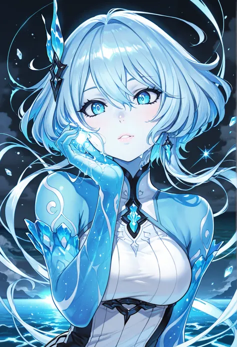 masterpiece, best quality, amazing quality, newest, very aesthetic, 1girl,A woman crafted from Azurite stands in a powerful, dynamic pose, her upper body radiating a mesmerizing blend of deep blues and vibrant turquoises. Her form is sculpted with flowing,...