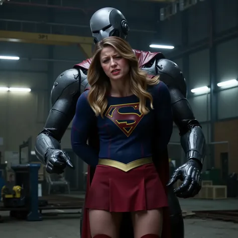 Melissa Benoist as Supergirl, (a very short skirt), both arms behind her back, Supergirl costume with long boots, she is locking by a green lighting locking devices, she is sexual assaulted from behind by Lex Luther the robot, ((painful face)), (Supergirl ...