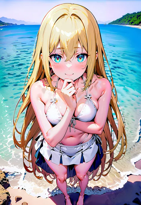 Eyes Wallenstein, Eyes Wallenstein,  Gold, hair between eyes, headband, long hair, , and the eyes are,smile,cover,close your mouth,White string bikini swimsuit,Salon Skirts and Barefoot,standing,full bodyがillustrationsに入るように,break outdoors,strand,sea,
brea...