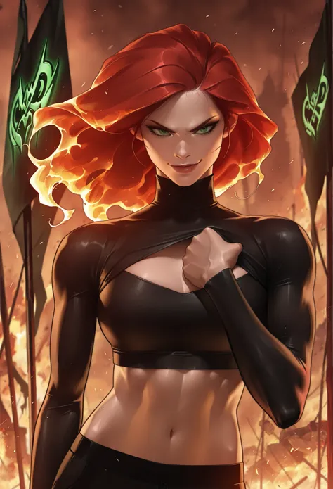 masterpiece, best quality, amazing quality, newest, very aesthetic, 1girl,Kim Possible stands in a badass pose, her upper body exuding fearless confidence. Her fiery red hair flows behind her like a battle banner, framing sharp emerald-green eyes that glea...
