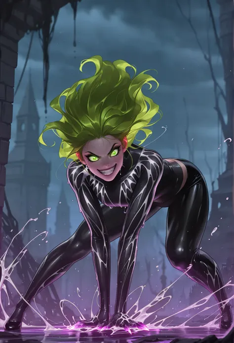 masterpiece, best quality, amazing quality, newest, very aesthetic, 1girl,A woman woven from pure venom and twisting webs swings through the air, her fluid, toxic form shifting with each motion. Her body, a pulsating mix of black and sickly green, drips wi...
